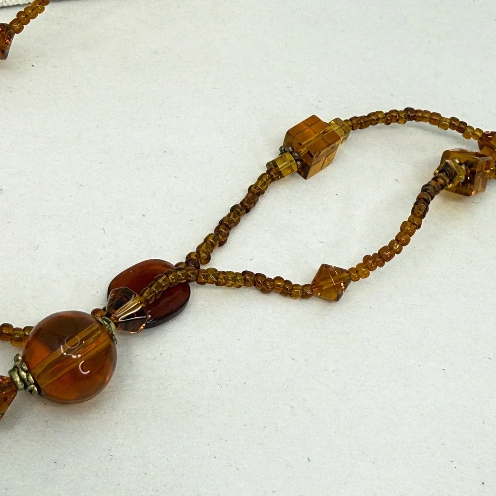 Long Amber Toned Beaded Necklace Geometric Glass Honey Cognac Brown Flapper 72in